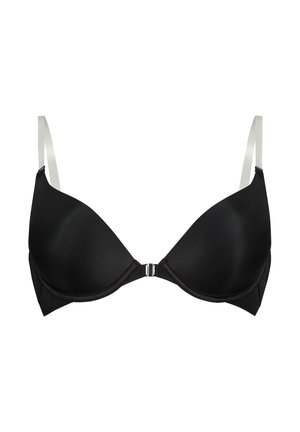 Zwarte gewatteerde bh van glad, matte stof. Heeft verstelbare banden en een sluiting aan de voorkant met een detail van zilverkleurig beslag.
