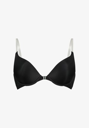 Schwarzer gepolsterter BH aus glattem, mattem Stoff. Verfügt über verstellbare Träger und einen Frontverschluss mit einem silbernen Hardware-Detail.