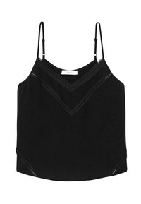 Camisole noire avec des fines bretelles ajustables, un décolleté en V et des détails en dentelle le long des bords et de la poitrine. Tissu doux avec une texture lisse.