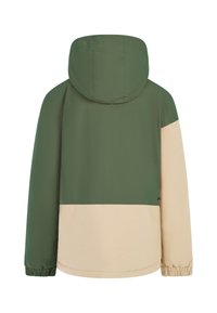 Farbenblockierte Jacke mit der oberen Hälfte in Grün und der unteren Hälfte in Beige. Das Material wirkt glatt, mit elastischen Bündchen und einer Kapuze.