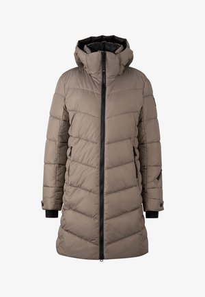 Taupe long puffer jacket with chevron stitching, black front zipper, side zip pockets, adjustable cuffs, and a high collar with attached hood.