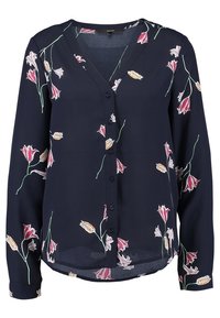 Blusa navy con bottoni, presenta un scollo a V, maniche lunghe e un motivo floreale con fiori rosa e gialli su un tessuto trasparente.