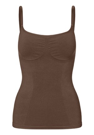 Braunes figurbetontes Tanktop mit dünnen Schulterträgern und subtilen Rüschen am Busen, entworfen für eine enge, glatte Passform.