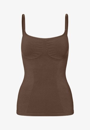 Braunes figurbetontes Tanktop mit dünnen Schulterträgern und subtilen Rüschen am Busen, entworfen für eine enge, glatte Passform.