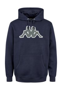 Sweat à capuche bleu marine avec poche avant, cordon à la capuche et logo gris de deux silhouettes assises dos à dos, soulignées en blanc sur la poitrine.