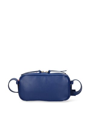 Marsupio rettangolare in pelle blu navy con chiusura a doppia cerniera e passanti regolabili su ciascun lato, su sfondo bianco.