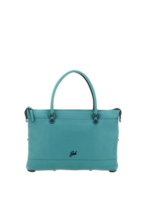 Borsa rettangolare in pelle turchese con due manici, chiusura con cerniera e piccolo logo del marchio nero al centro anteriore.