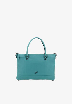 Borsa rettangolare in pelle turchese con due manici, chiusura con cerniera e piccolo logo del marchio nero al centro anteriore.