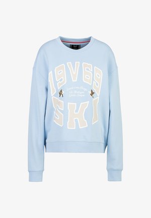 Lichtblauwe cropped sweatshirt met oversized witte letters "1969 SKI" en decoratieve sterren. Gemaakt van zachte stof, met geribbelde manchetten.