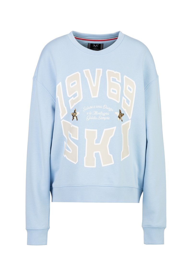 Hellblaues, kurzes Sweatshirt mit übergroßer weißer Schrift "1969 SKI" und dekorativen Sternen. Hergestellt aus weichem Stoff, mit gerippten Bündchen.