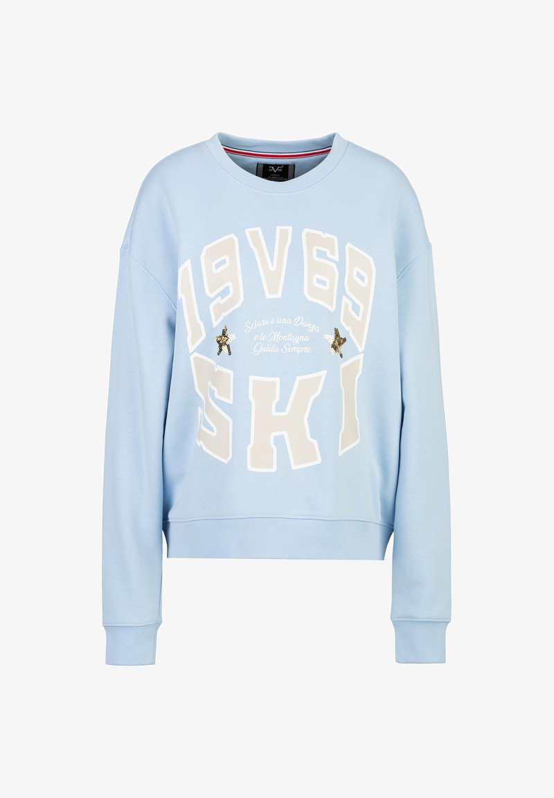 Hellblaues, kurzes Sweatshirt mit übergroßer weißer Schrift "1969 SKI" und dekorativen Sternen. Hergestellt aus weichem Stoff, mit gerippten Bündchen.