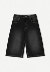 Črne denim kratke hlače z ohlapnim krojem, ki imajo teksturirano površino, pet žepov in kontrastne šive.