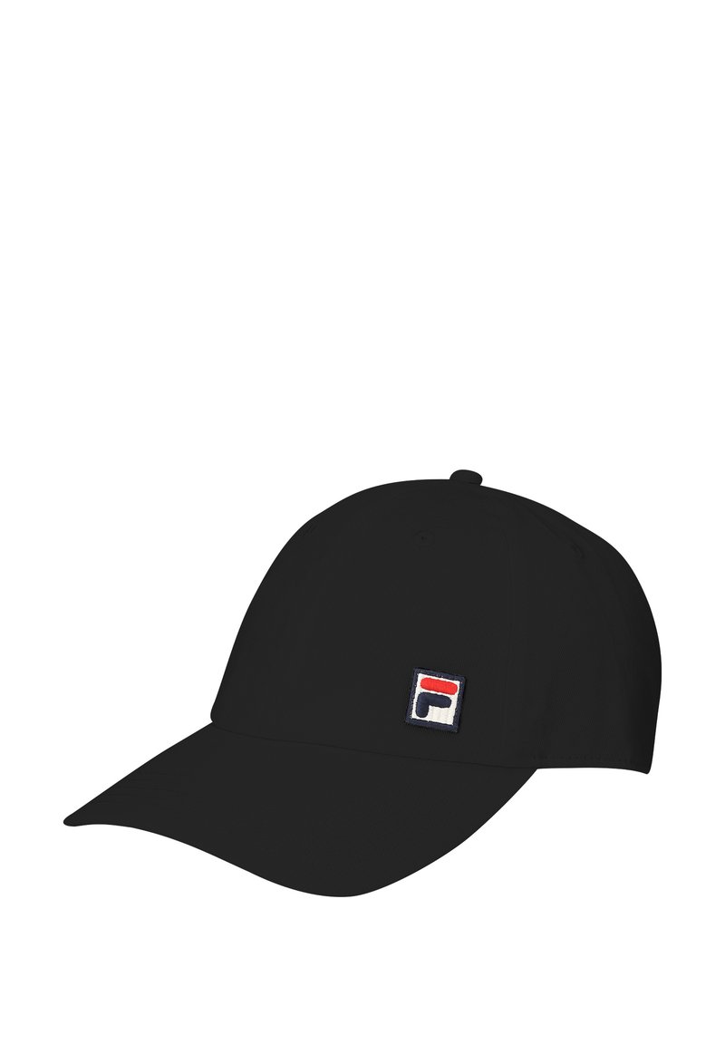 Gorra de béisbol negra de tela, con un parche de logotipo en la parte frontal en rojo, blanco y azul. Corona estructurada y visera curva.