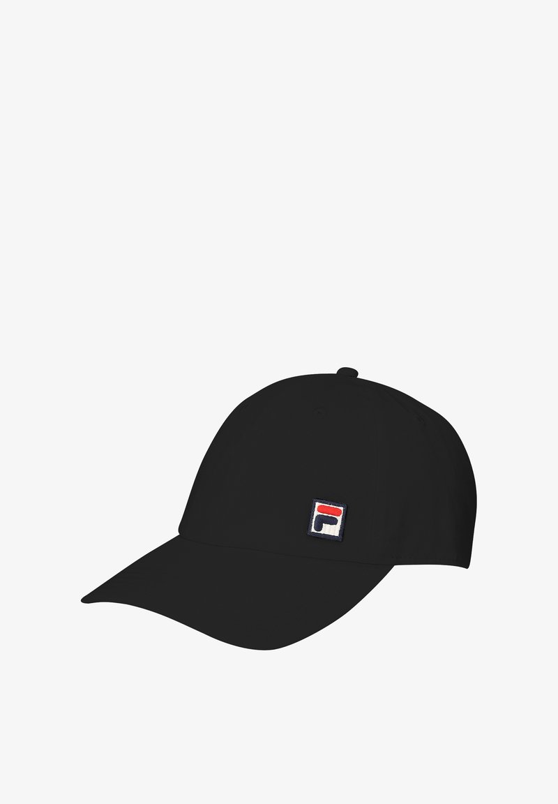 Gorra de béisbol negra de tela, con un parche de logotipo en la parte frontal en rojo, blanco y azul. Corona estructurada y visera curva.
