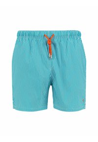Pantaloni da bagno turchesi con strisce bianche verticali, vita elastica e cordino arancione regolabile. Presentano tasche laterali e un logo.