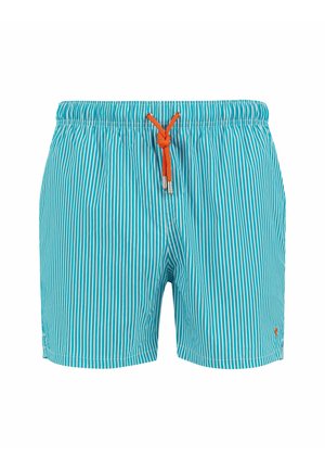 Pantaloni da bagno turchesi con strisce bianche verticali, vita elastica e cordino arancione regolabile. Presentano tasche laterali e un logo.