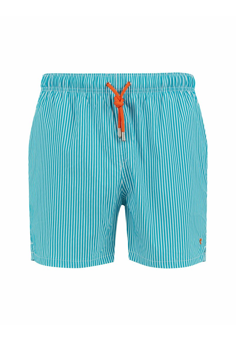 Pantaloni da bagno turchesi con strisce bianche verticali, vita elastica e cordino arancione regolabile. Presentano tasche laterali e un logo.