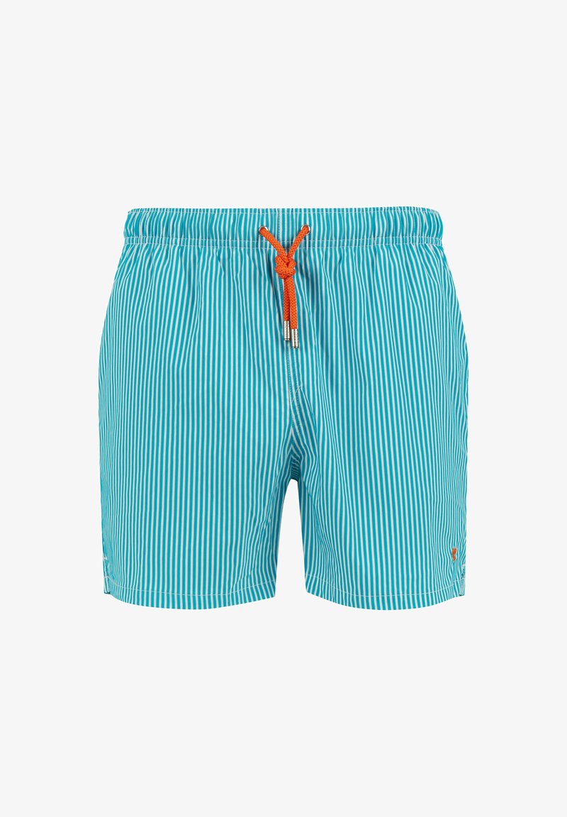 Pantaloni da bagno turchesi con strisce bianche verticali, vita elastica e cordino arancione regolabile. Presentano tasche laterali e un logo.