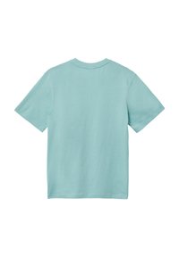 Helles blaues T-Shirt mit kurzen Ärmeln, aus weicher Baumwolle, hat einen Rundhalsausschnitt und einen geraden Saum mit glatter Textur, ohne sichtbare Muster.