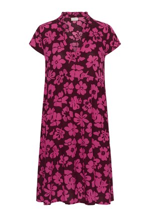 Vestito viola a maniche corte con motivo floreale rosa, scollo a V e cucitura arricciata in vita.