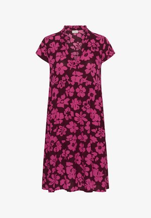 Vestito viola a maniche corte con motivo floreale rosa, scollo a V e cucitura arricciata in vita.