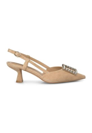 Tacchi slingback in suede beige con punta affilata, caratterizzati da un'elegante decorazione in strass sulla tomaia e un tacco a blocco.