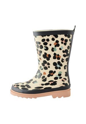 Stivale di gomma con stampa leopardata, caratterizzato da una base beige con accenti neri, menta e pesca, rifiniture nere e una suola rosa testurizzata.