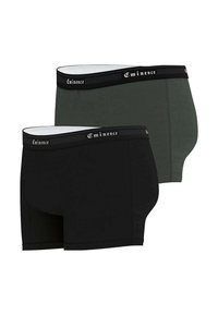 Deux paires de boxers Eminence, l'une noire et l'autre vert foncé. Elles présentent une ceinture noire avec un texte blanc et une texture de tissu lisse.