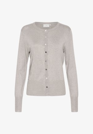 Šviesiai pilkas kardiganas, pagamintas iš minkštos medžiagos, turintis apvalią iškirptę, ilgas rankoves ir priekinį užsegimą su metaliniais mygtukais.