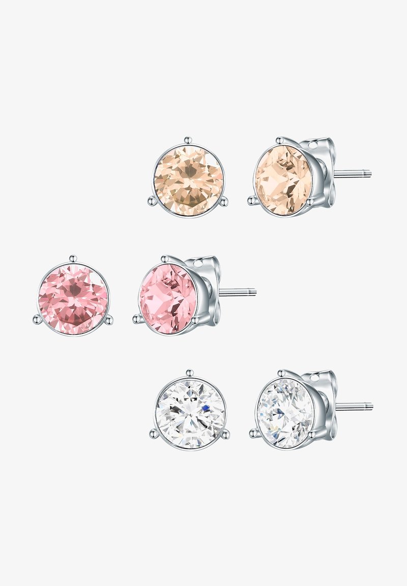 Súprava šiestich náušníc s klbkami, ktoré obsahujú okrúhle krištáľové kamene v ružovej, broskyňovej a čírej farbe, s kovovým rámom a dizajnom s podložkou na uchytenie.