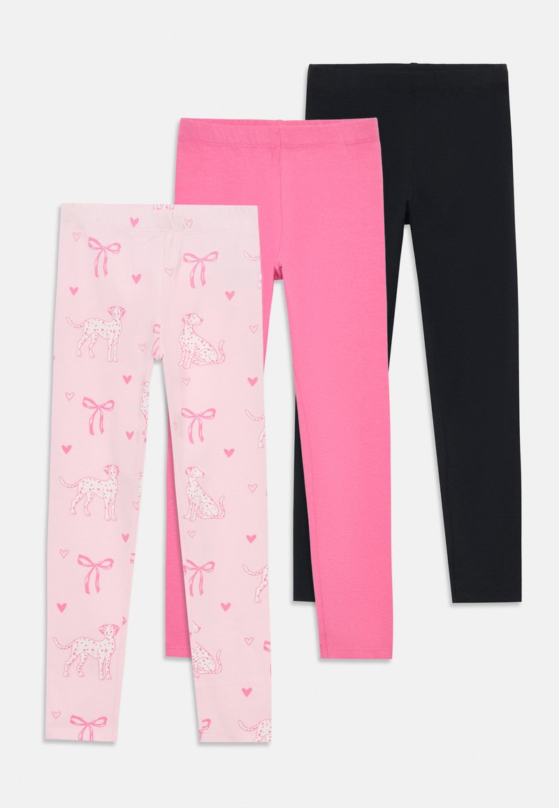 Drie paar leggings: lichtroze met Dalmatiërprint en harten, felroze en zwart. Ze zijn allemaal aansluitend en gemaakt van zachte, rekbare stof.