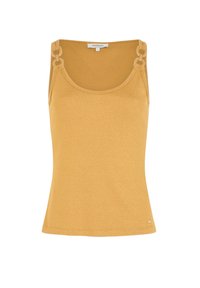 Yellow tank top with a fitted design, featuring textured fabric, scooped neckline, and decorative hardware accents at the shoulders.