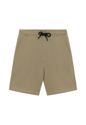 Beige shorts met een gestructureerde stof, elastische tailleband en zwart trekkoord. Voorzien van zijzakken en een rechte pijp.