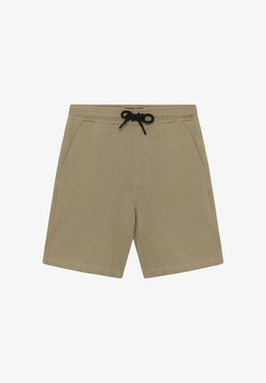 Beige Shorts aus strukturiertem Stoff mit elastischem Bund und schwarzer Kordel. Mit Seitentaschen und geradem Bein.