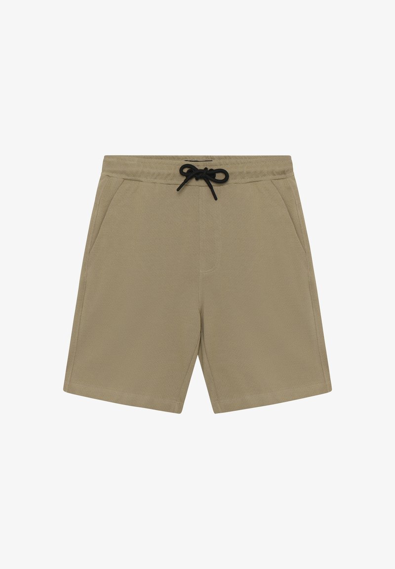 Shorts beige en tissu texturé, taille élastique et cordon noir. Comprennent des poches latérales et une coupe droite au niveau des jambes.