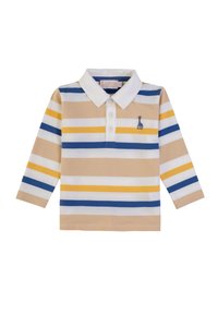 Polo a righe a maniche lunghe in beige, blu e giallo. Caratterizzato da un colletto bianco e un piccolo logo di giraffa ricamato sul petto.