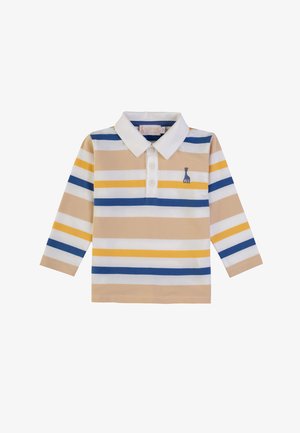 Polo a righe a maniche lunghe in beige, blu e giallo. Caratterizzato da un colletto bianco e un piccolo logo di giraffa ricamato sul petto.