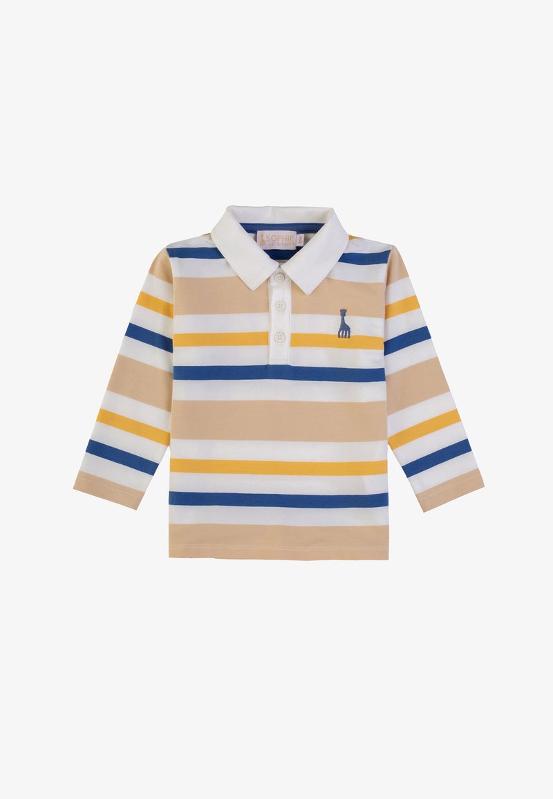 Polo a righe a maniche lunghe in beige, blu e giallo. Caratterizzato da un colletto bianco e un piccolo logo di giraffa ricamato sul petto.