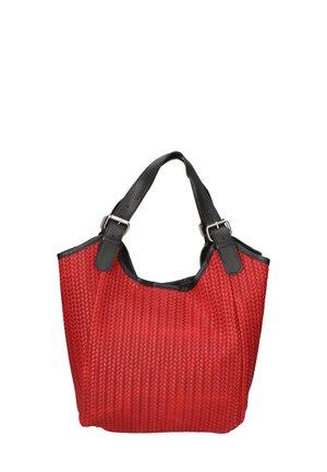 Sac fourre-tout tissé rouge avec poignées en cuir synthétique noir. Présente une surface texturée et des accents contrastés. Design spacieux et ouvert.