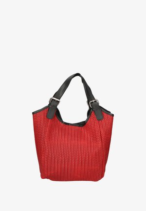 Rood geweven boodschappentas met zwarte synthetische leren handvatten. Beschikt over een gestructureerd oppervlak en contrasterende accenten. Ruim en open ontwerp.