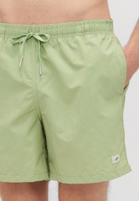 Heledad rohelised ujumispüksid elastse vöökoha, nööriga kinnituse, küljetaskute ja väikese sildiga alumisel äärel. Sile tekstuur.