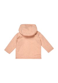 Peach-colored sweatshirt with a hood, featuring a soft texture and small speckled patterns throughout. Long sleeves with a straight hem.