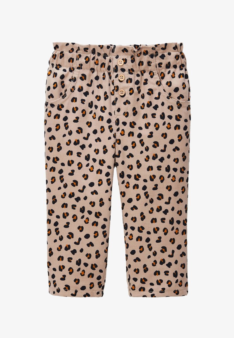 Pantalons à imprimé léopard en beige avec des taches noires et oranges, dotés d'une taille extensible et de trois boutons marron à l'avant.