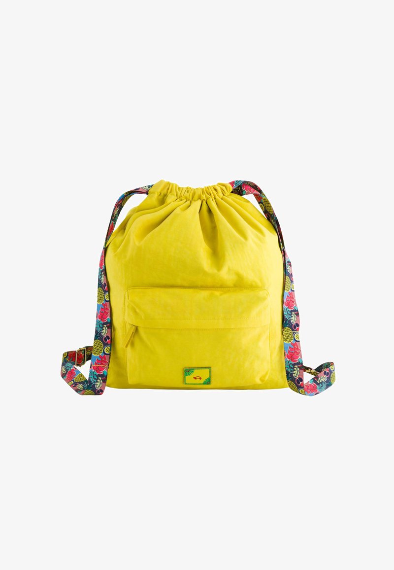 Sac à dos jaune avec cordon de serrage et poche avant. Les bretelles réglables présentent un motif floral. Texture douce et forme arrondie.