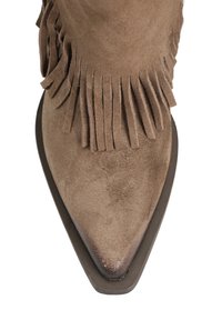 Brązowy zamszowy botek za kostkę z ostrym noskiem i frędzlami po bokach, z kontrastującą ciemną gumową podeszwą.