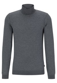 Pull à col roulé gris en tissu doux, avec manches longues, poignets côtelés et coupe ajustée. Style simple et polyvalent.