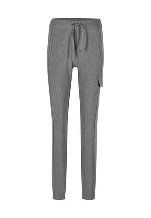 Gray jogger pants made of textured fabric, featuring a drawstring waist, two side pockets, and a cargo pocket on the left thigh.