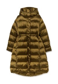 Giacca a vento verde oliva con cappuccio oversize, caratterizzata da sezioni trapuntate e maniche lunghe, realizzata in materiale lucido e morbido.