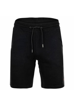 Schwarze legere Shorts mit elastischem Bund und Kordelzug, knielang, schlichtes Design, Vorderansicht vor einfachem weißem Hintergrund.