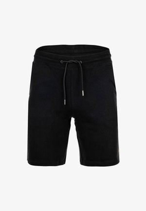 Schwarze legere Shorts mit elastischem Bund und Kordelzug, knielang, schlichtes Design, Vorderansicht vor einfachem weißem Hintergrund.